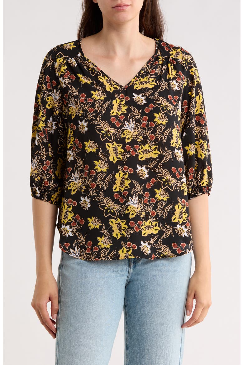 Floral Keyhole Top, Main, color, BLACK