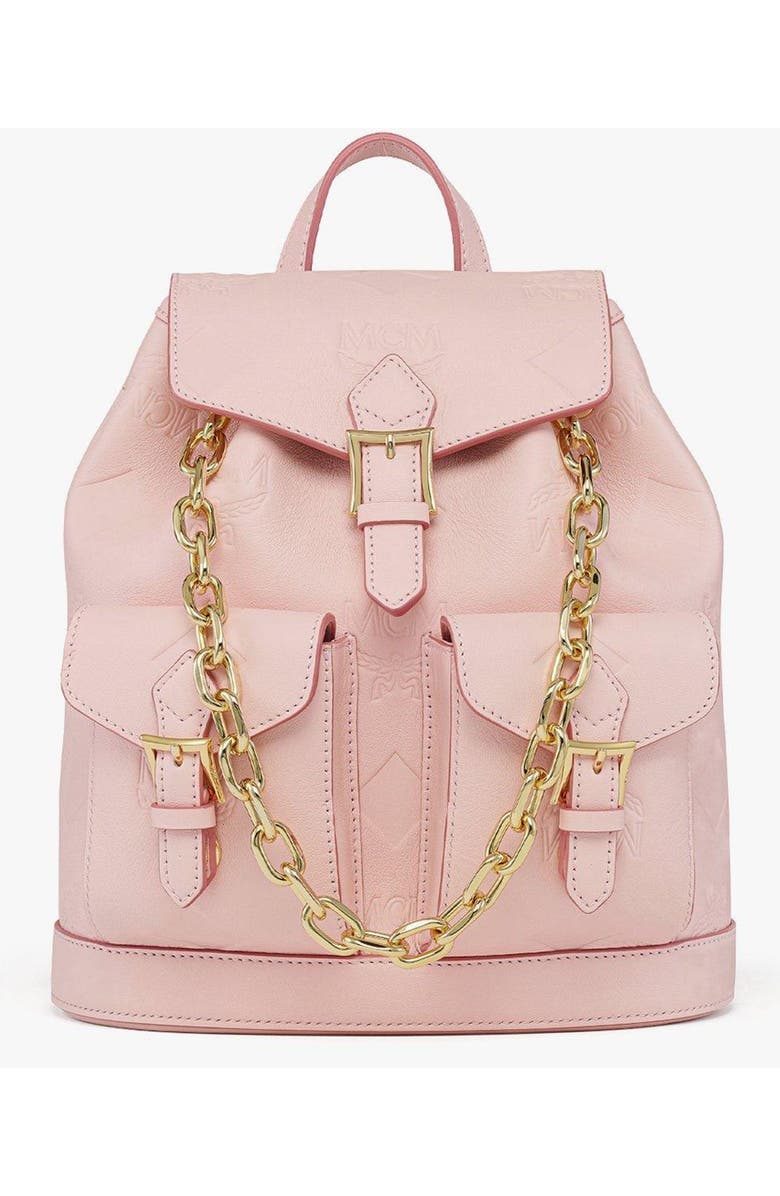 MCM Aren Drawstring Backpack in Maxi Monogram Leather, Main, color, Lotus Pink
