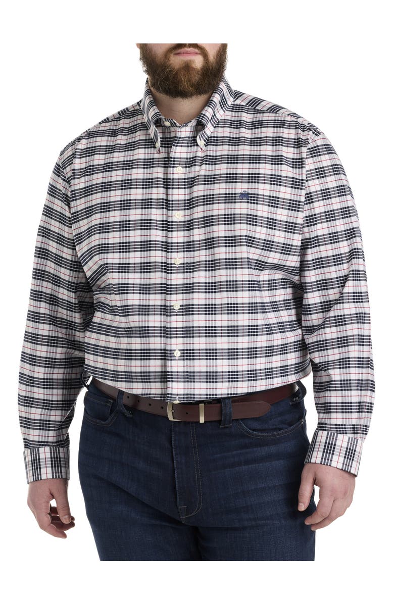 Brooks Brothers Big & Tall Non-Iron Tartan Plaid Sport Shirt, Alternate, color, White Navy Tartan