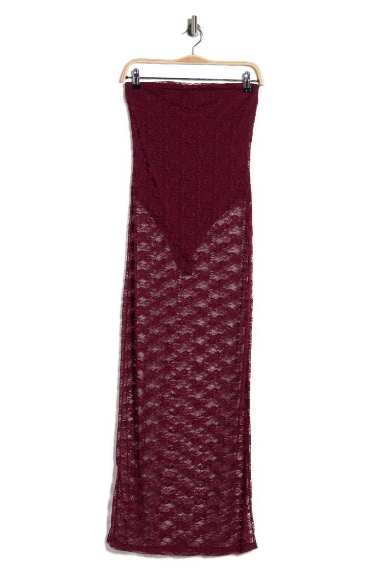 Strapless Lace Midi Dress, Alternate, color, BURGUNDY