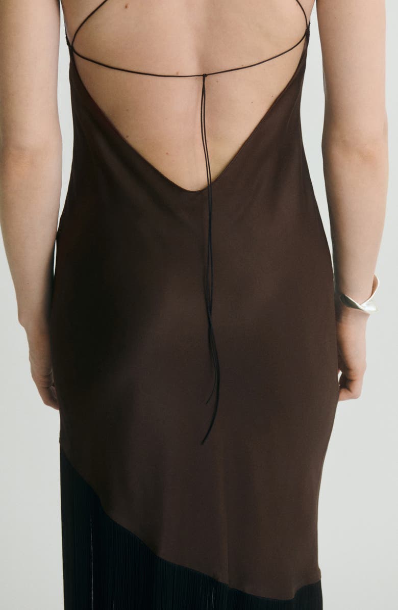 MANGO Fringe Trim Asymmetric Satin Slipdress, Alternate, color, Brown