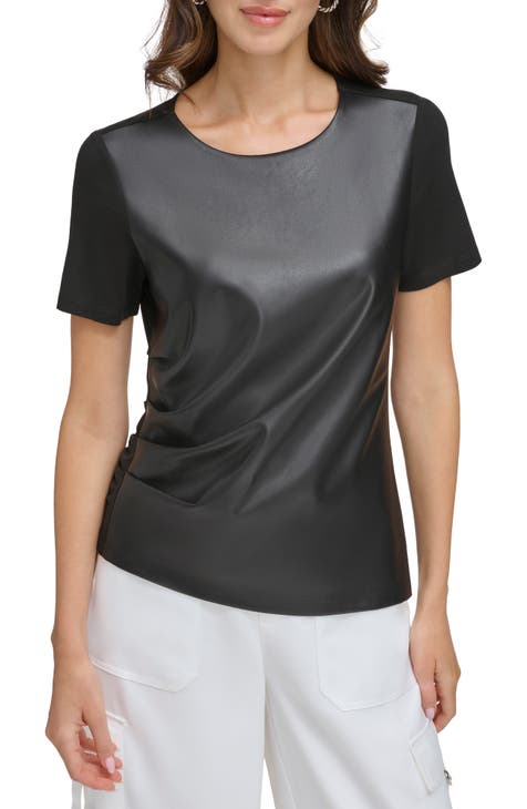 Mixed Media Faux Leather Ruched T-Shirt