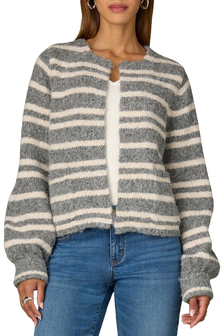 Stripe Open Bouclé Cardigan, Main, color, LIGHT GREY/ ECRU