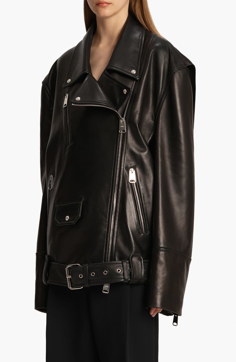 Khaite Hansel Oversize Lambskin Leather Biker Jacket, Alternate, color, Black