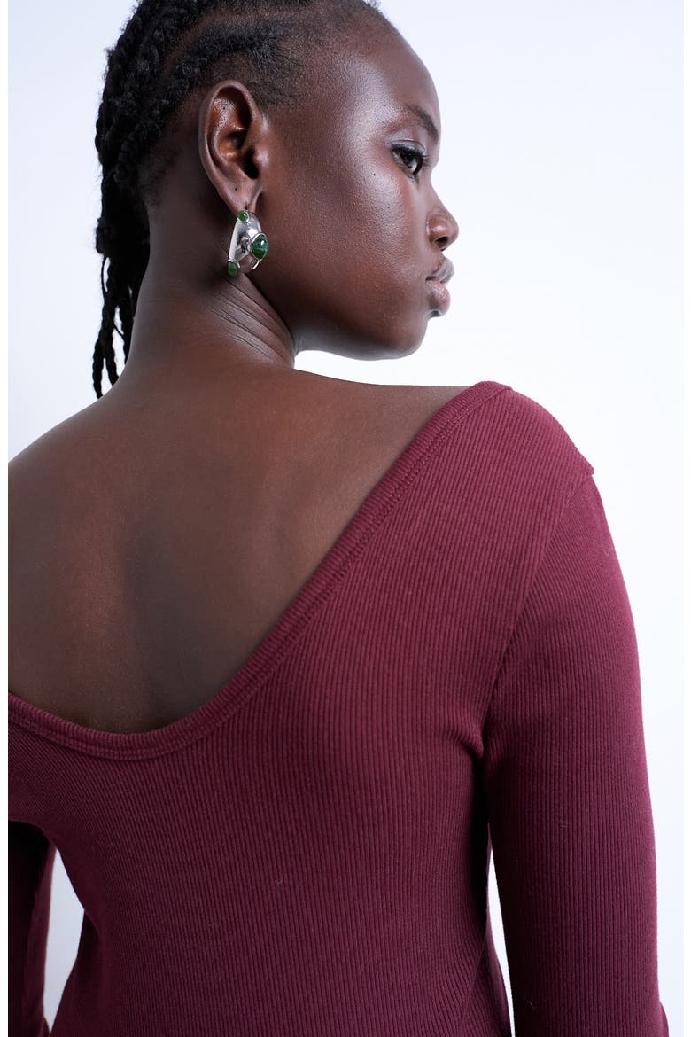 Double V-Neck Long Sleeve Stretch Cotton Rib Top, Alternate, color, BURGUNDY