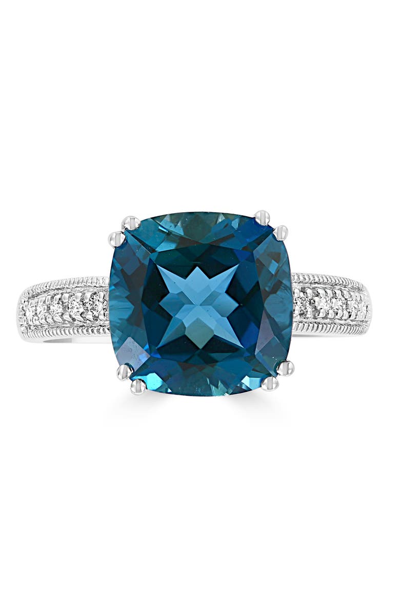 14K White Gold Diamond & London Blue Topaz Cushion Ring, Alternate, color, 14K Gold