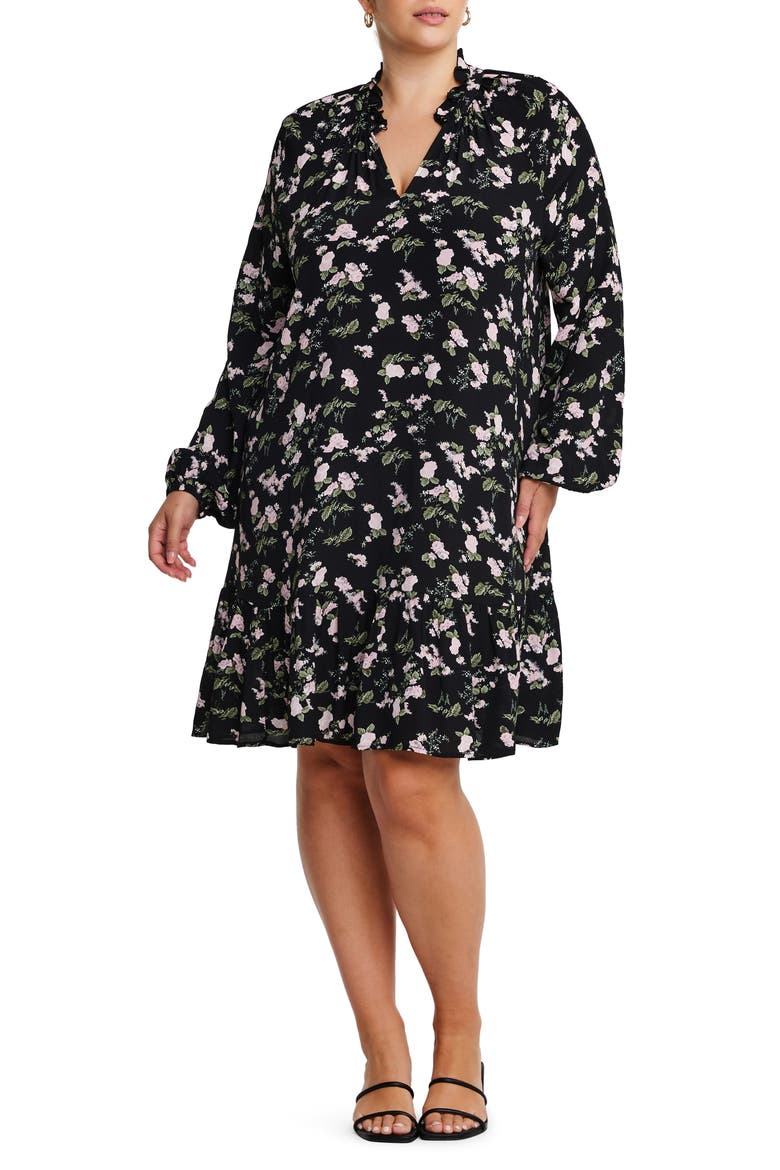 Pink Blossom Long Sleeve Floral Print Dress, Main, color, BLACK/ LEAF