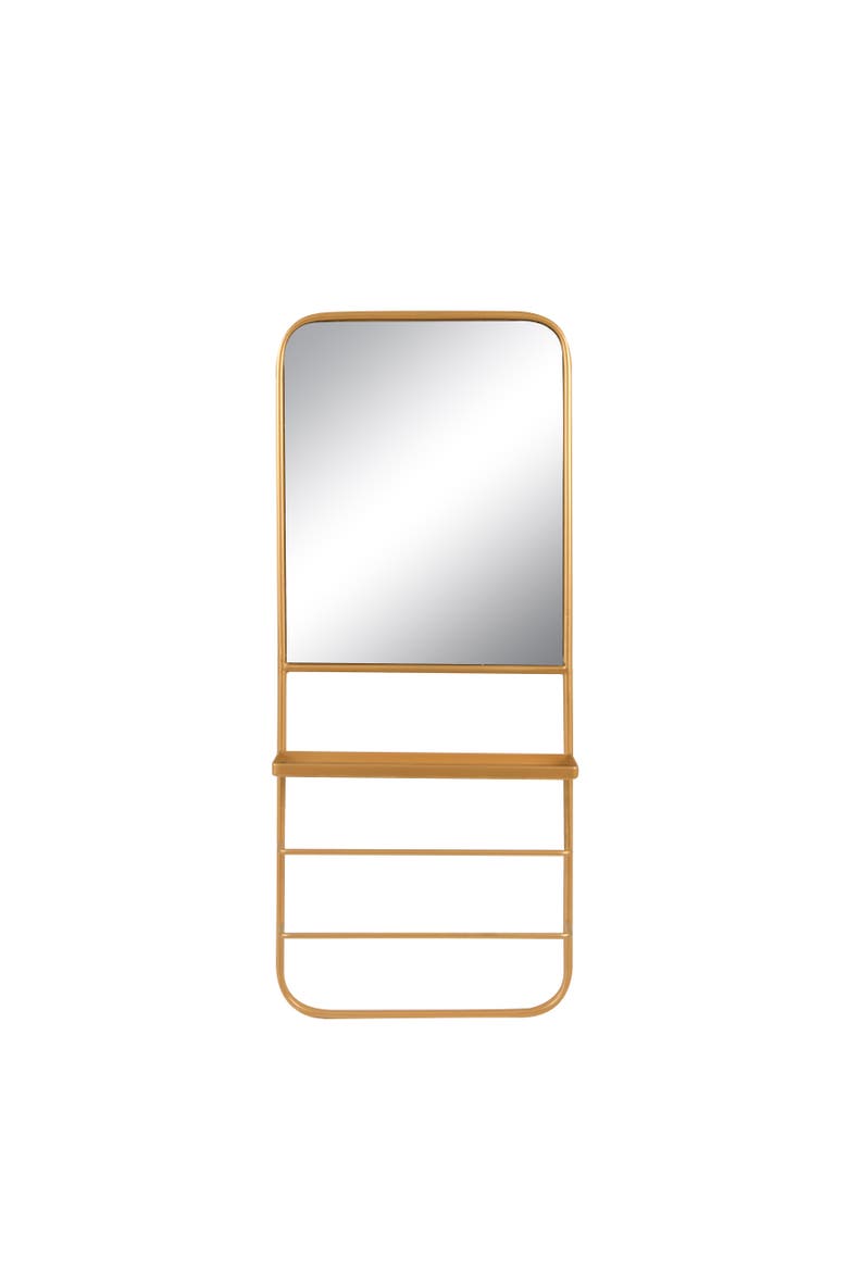 Metal Framed Wall Mirror with Shelf and 2 Rods, Gold, Main, color, Gold