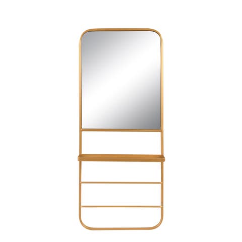 Metal Framed Wall Mirror with Shelf and 2 Rods, Gold