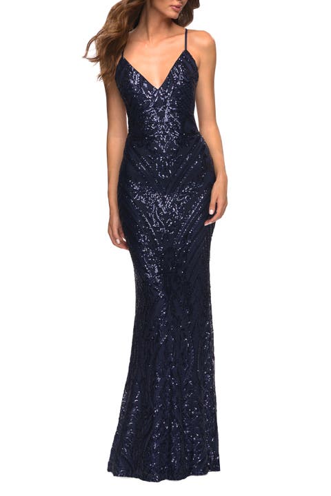 Print Sequin Gown in Jewel Tones with V Neckline