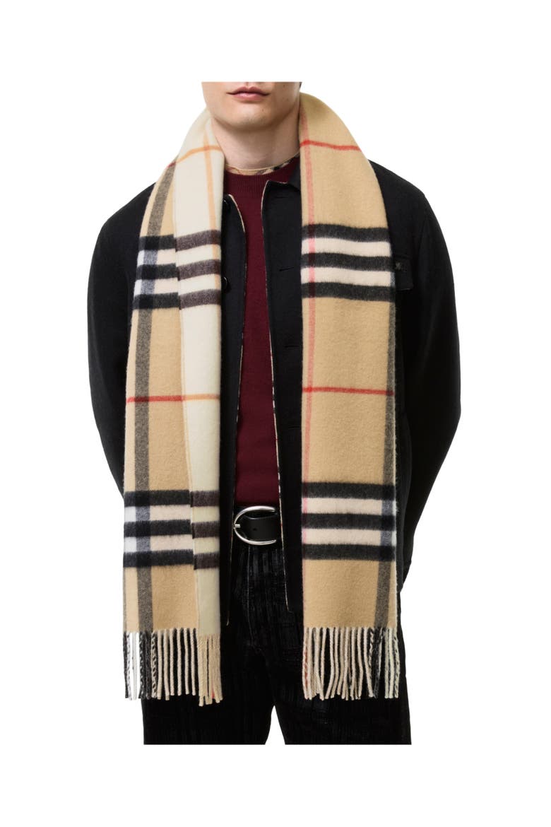 Reversible Check Cashmere Scarf, Alternate, color, Archive beige/pebble white