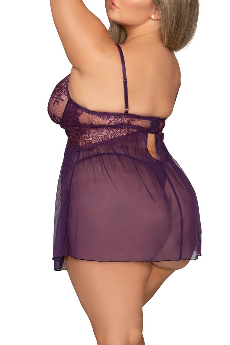 Eyelash Lace Underwire Babydoll Chemise & Thong Set, Alternate, color, PLUM