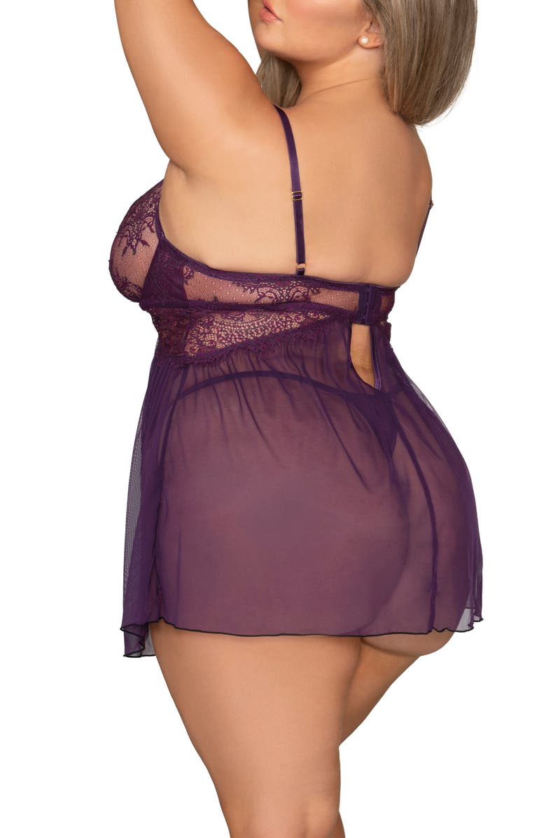 Dreamgirl Eyelash Lace Underwire Babydoll Chemise & Thong Set, Alternate, color, Plum