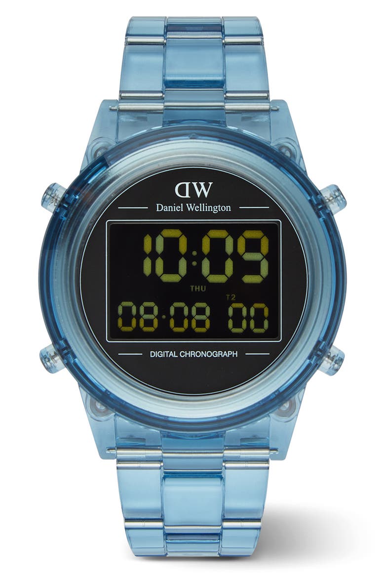 Retro Digital Bracelet Watch, 42mm, Main, color, TRANSPARENT STONE BLUE