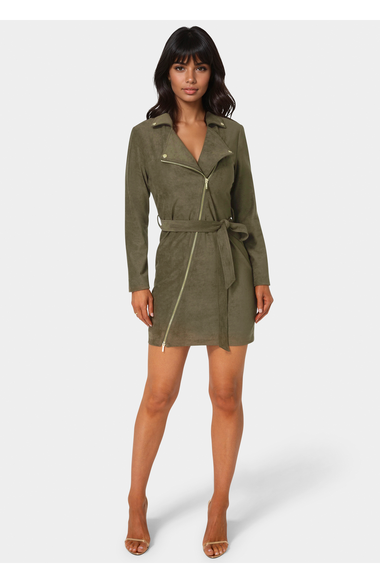 bebe Faux Suede Moto Dress, Main, color, Olive