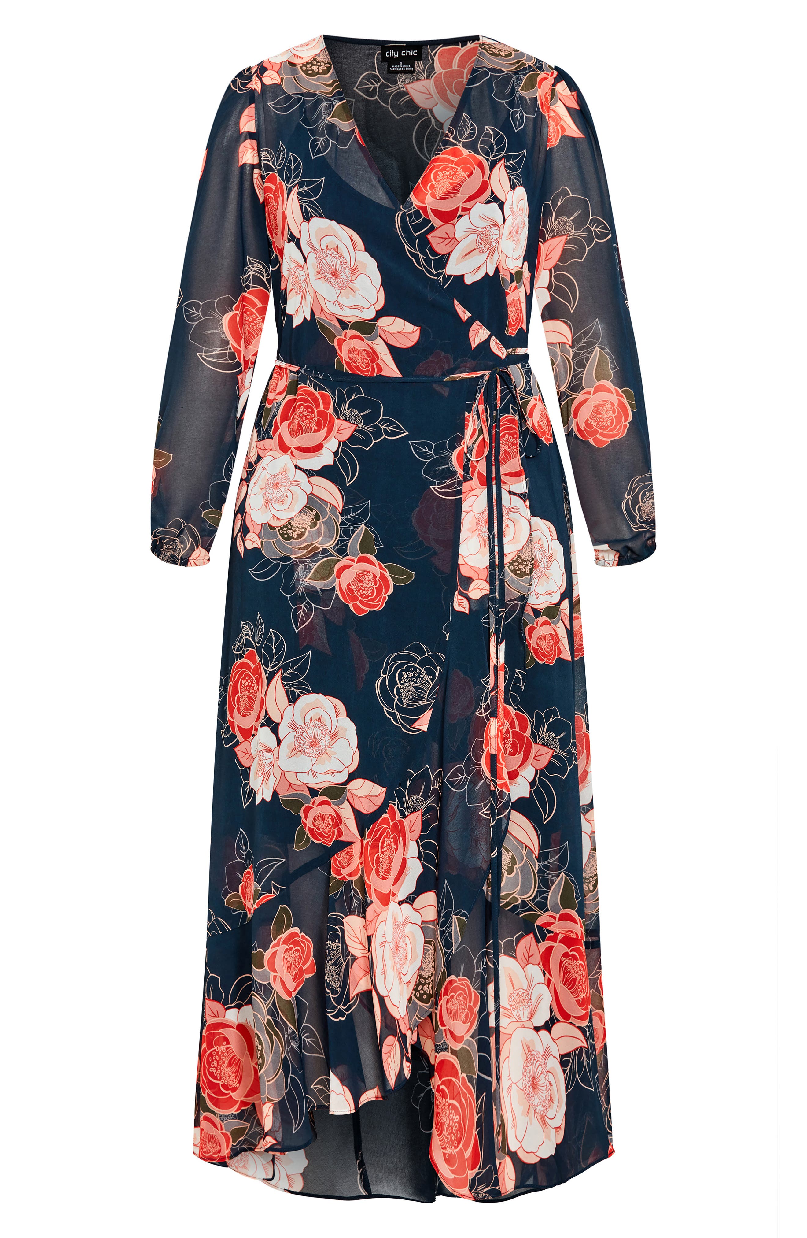 City Chic Kataleya Long Sleeve Chiffon Maxi Wrap Dress In Multi