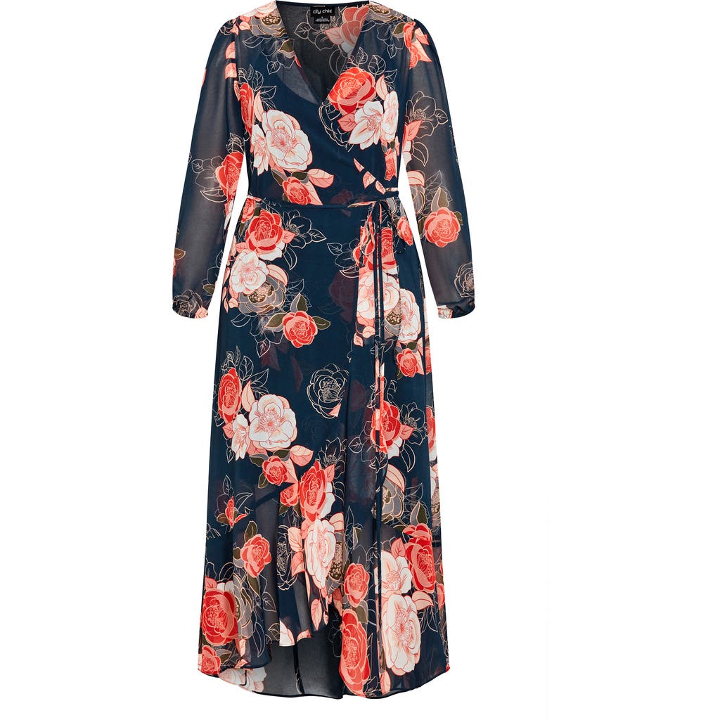 City Chic Kataleya Long Sleeve Chiffon Maxi Wrap Dress In Multi