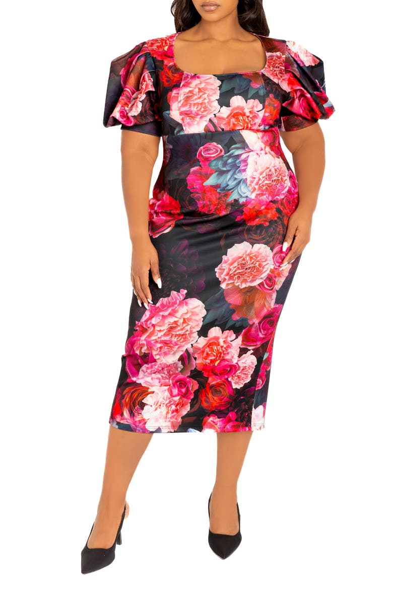 Floral Scuba Knit Midi Dress, Main, color, BLACK MULTI