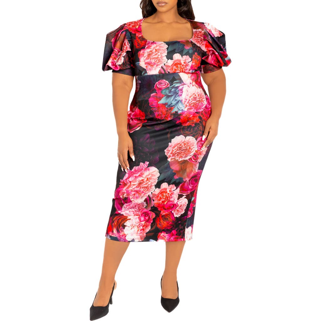 Buxom Couture Floral Scuba Midi Dress In Black Multi