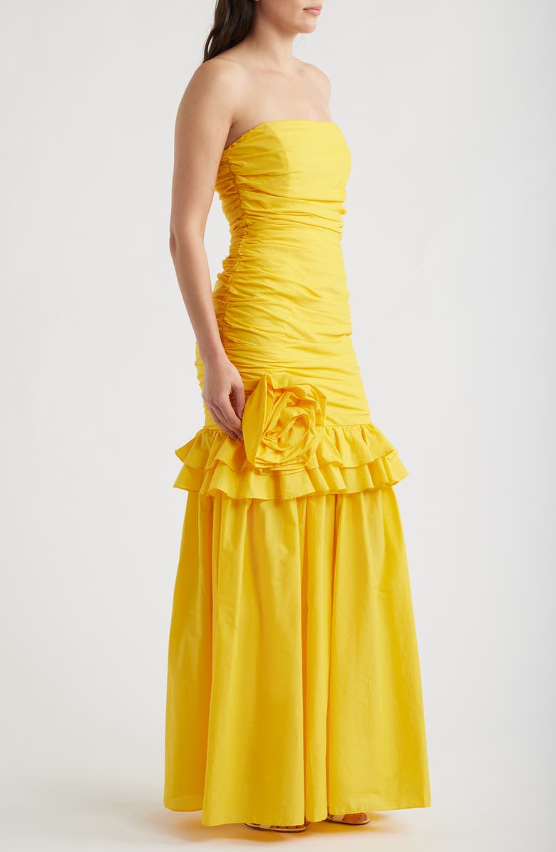 Black Halo Solea Floral Appliqué Strapless Gown, Alternate, color, Lemon Tonic