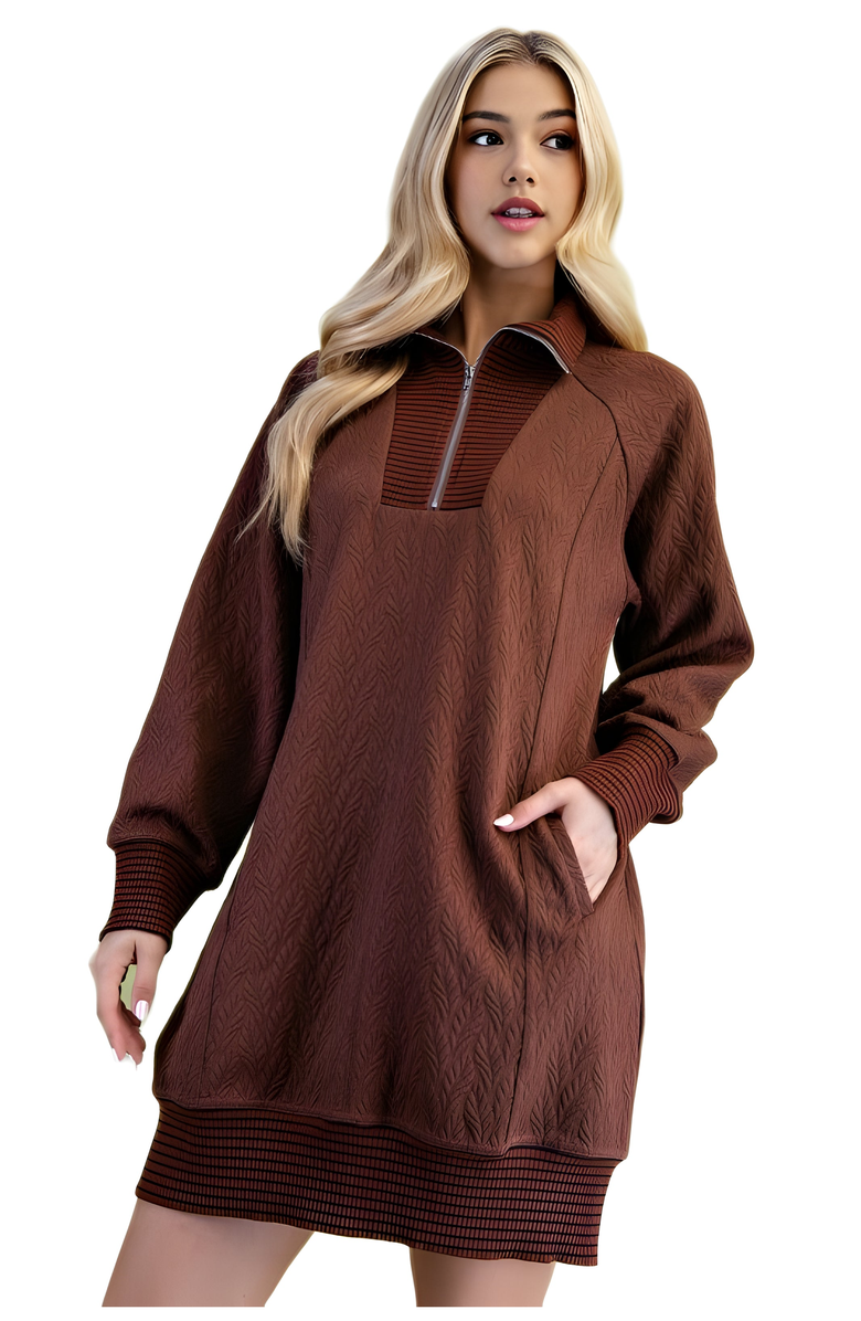 Knit and Lounge Textured Knit Half-Zip Dress With Contrast Ribbed Trim, Main, color, Chocolate Brown