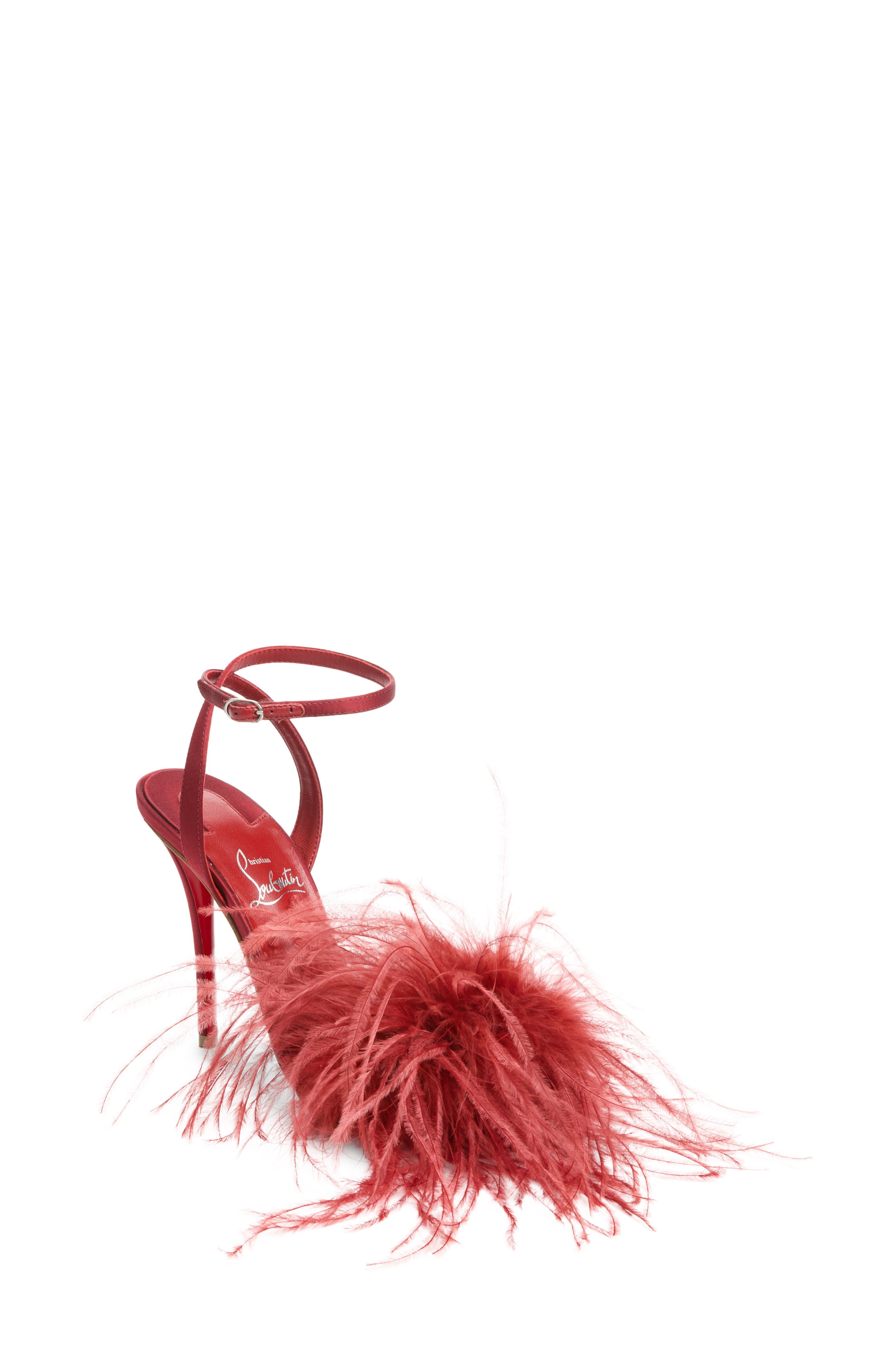 Miss Z Loubipoupi Feather Embellished Ankle Strap Sandal, Main, color, FEVER/ LIN FEVER