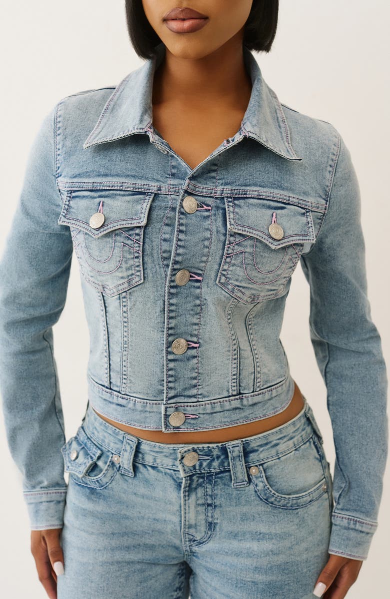 True Religion Jesse Crop Denim Trucker Jacket, Alternate, color, Light Sparklin Pear Wash