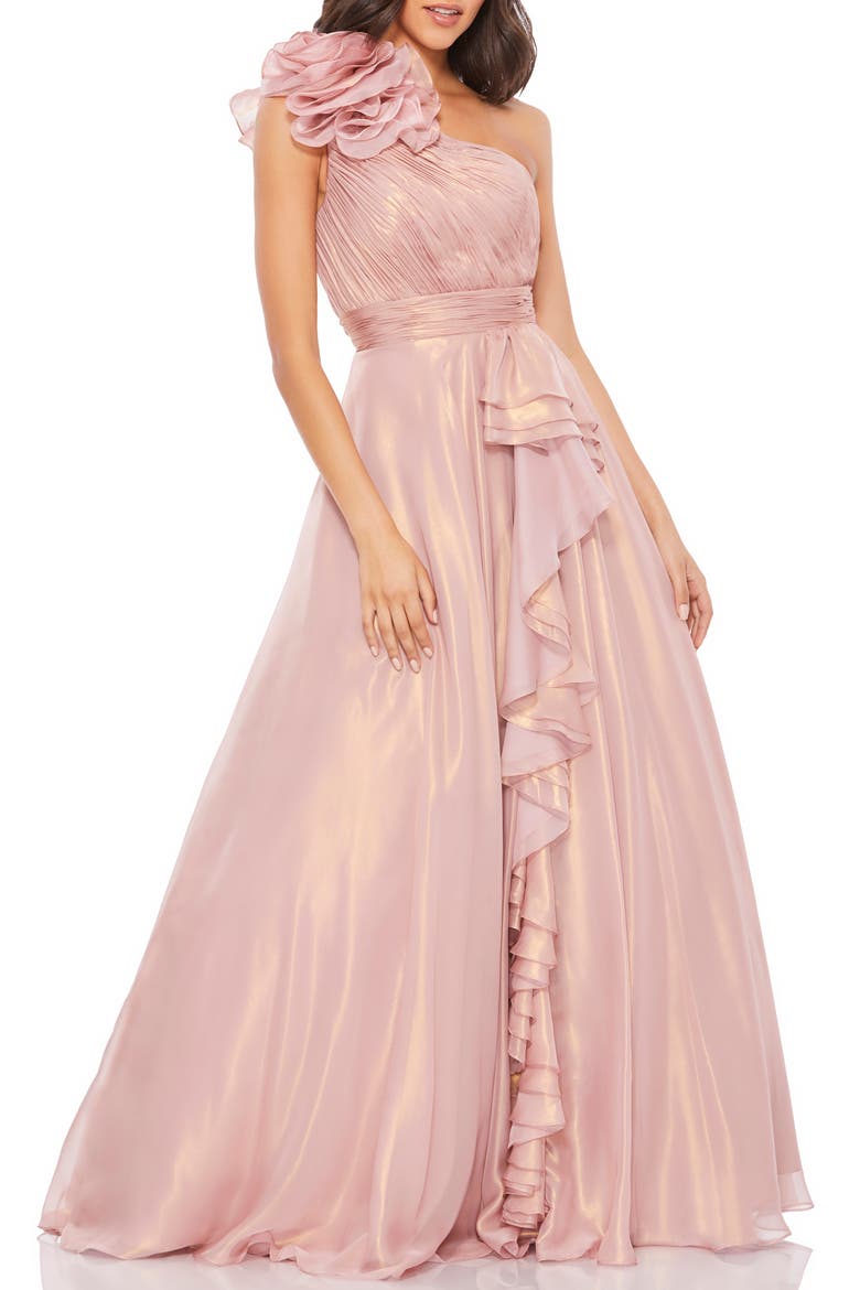 Women's Iridescent One Shoulder Rosette Ball Gown, Main, color, ROSE GOLD