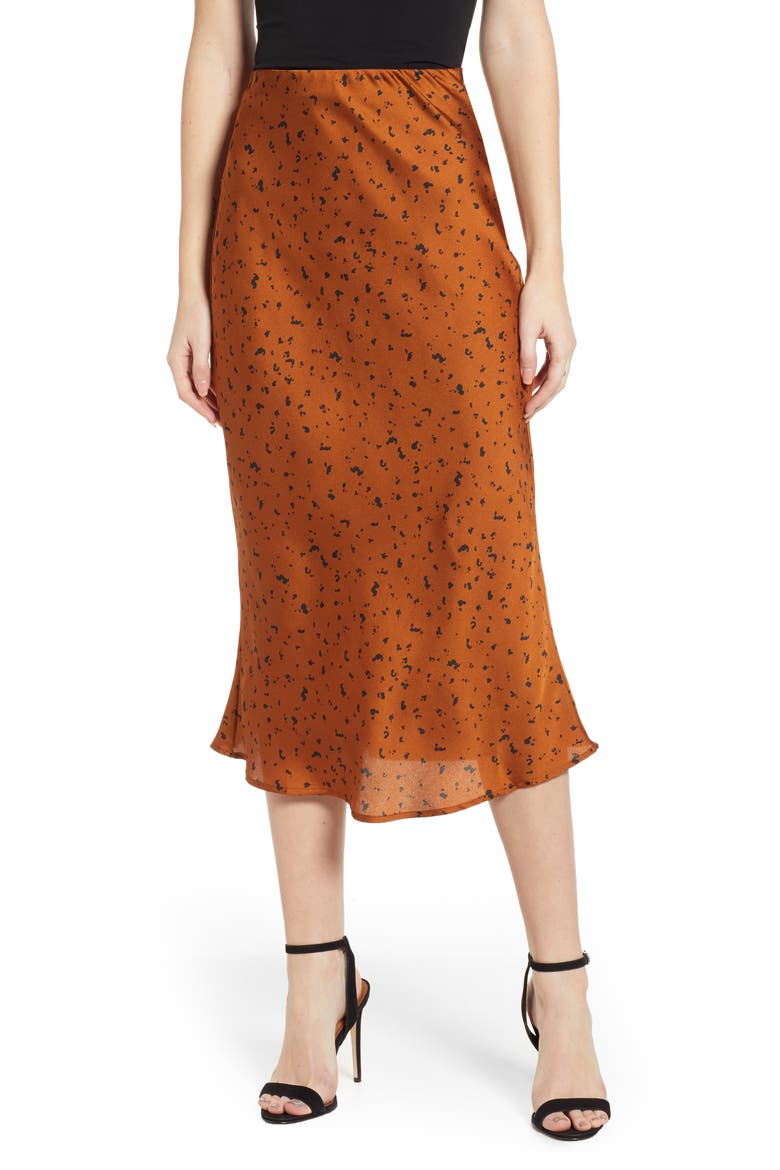 Animal Print Satin Midi Skirt, Main, color, BRONZE DOT
