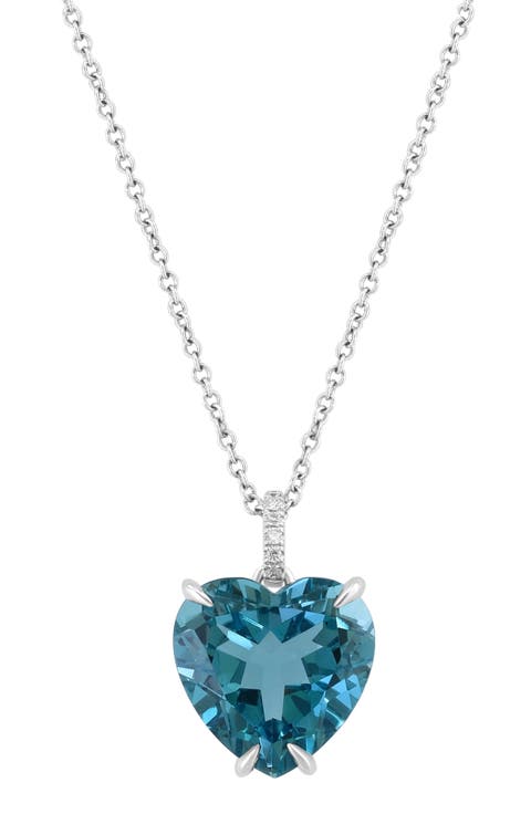 14K White Gold Diamond & London Blue Topaz Heart Pendant Necklace