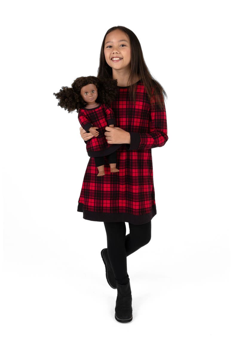Girls Cotton Dress with Matching Doll Dress, Printed Design, Alternate, color, Plaid Black & Red