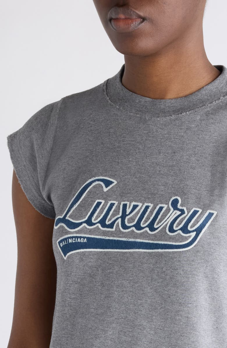 Balenciaga Luxury Script Appliqué Shrunken Cotton T-Shirt, Alternate, color, Dark Heathr Grey/ Blue
