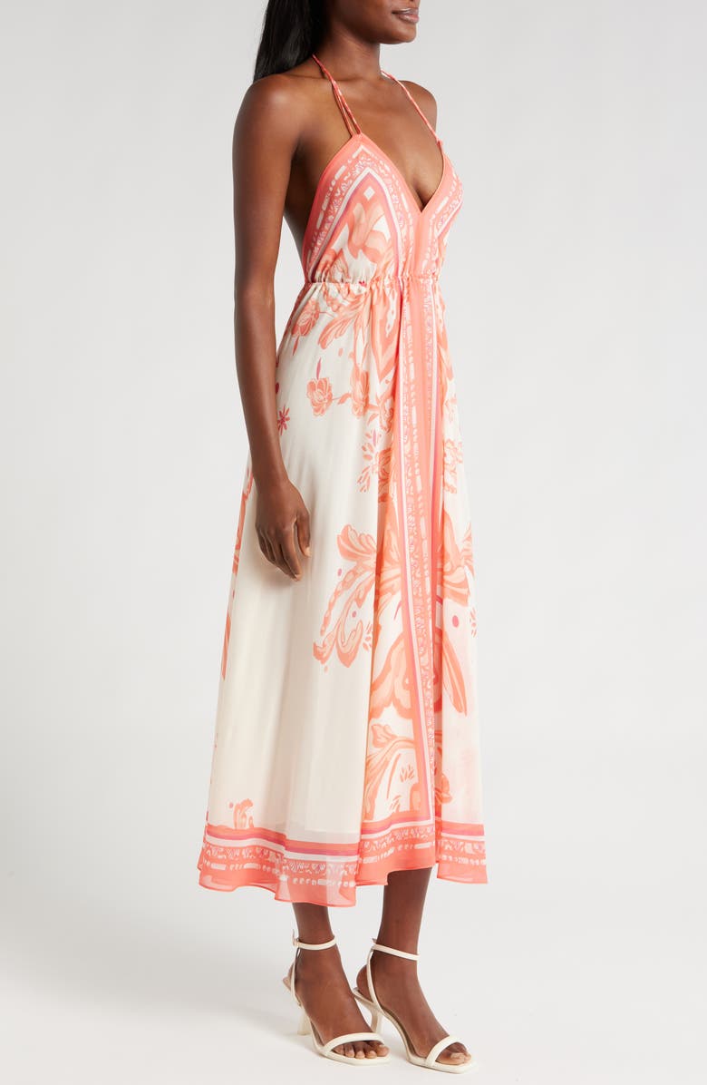 Reiss Delilah Scarf Print Satin Halter Dress, Alternate, color, Coral