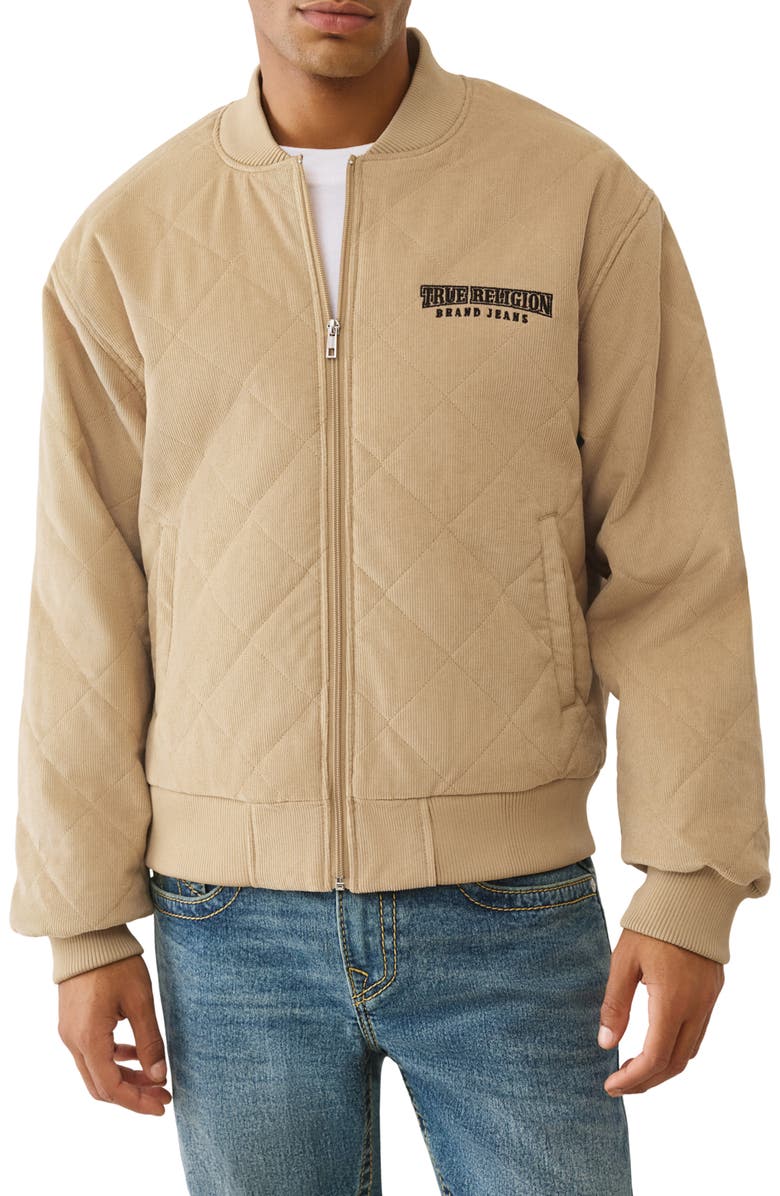 True Religion Quilted Corduroy Bomber Jacket, Main, color, Travertine