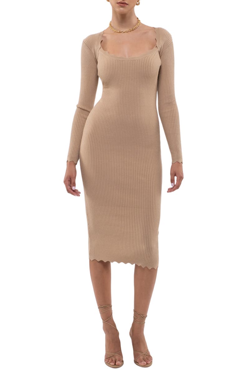 Blu Pepper Ribbed Scallop Knit Dress, Main, color, Tan