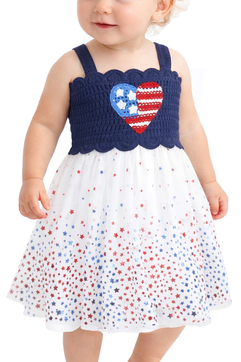 Heart Flag Knit Bodice Mesh Skirt Dress, Alternate, color, BLUE MULTI