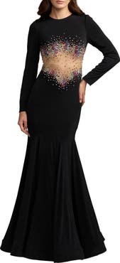 Mac Duggal Long Sleeve Sheer Detail Jersey Mermaid Gown