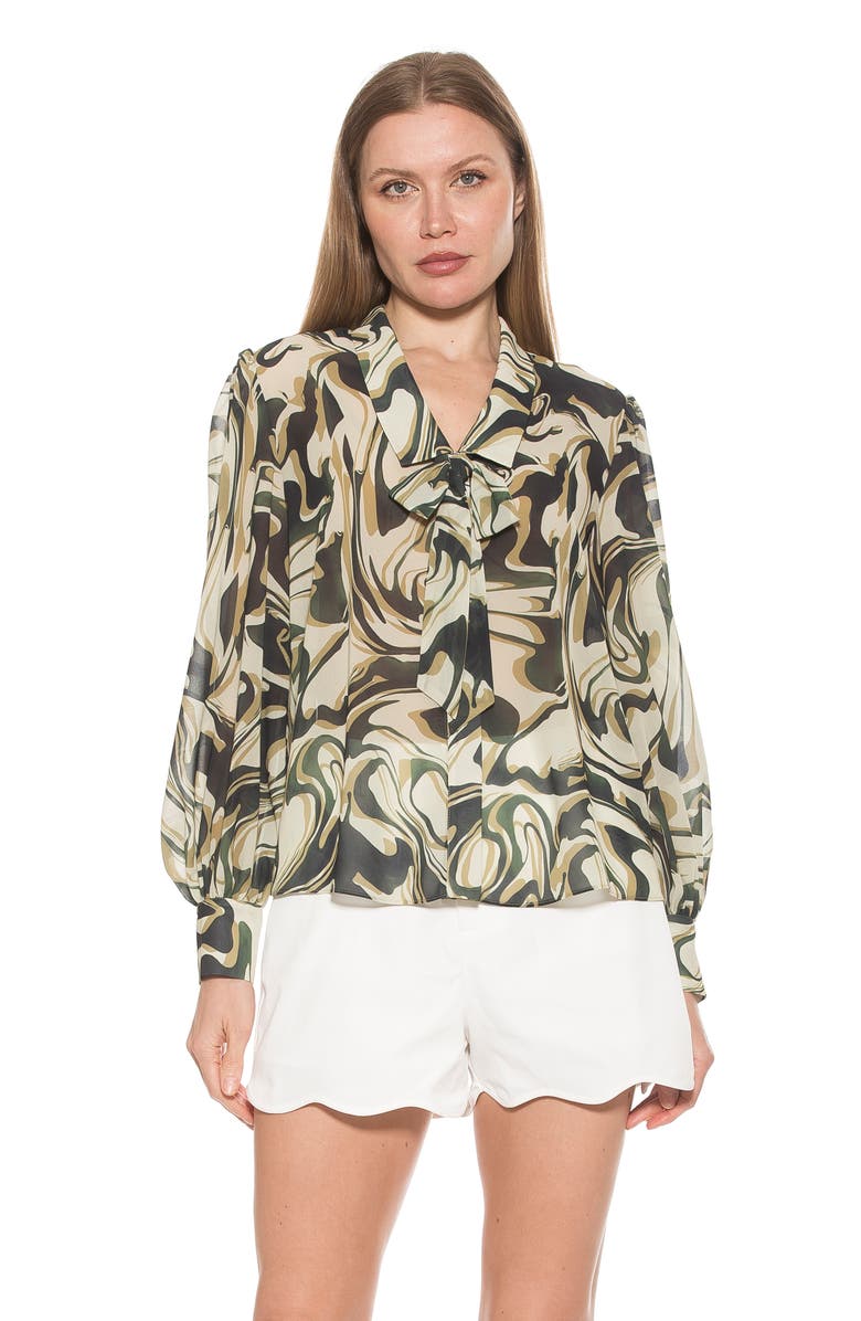 Alexia Admor Serena Long Sleeve Tie Neck Blouse, Alternate, color, Green Multi