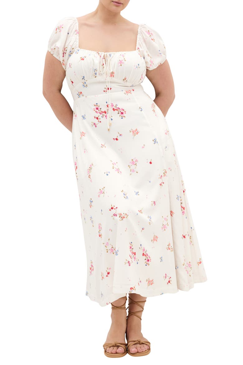 Abbie Floral Short Sleeve Midi Sundress, Main, color, IVORY PETAL