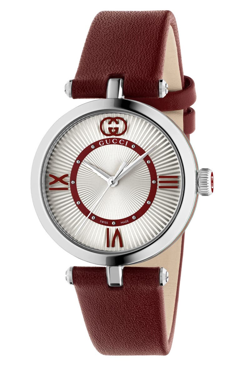 Model 2000 Leather Strap Watch, 30.5mm, Main, color, BURGUNDY/ SILVER