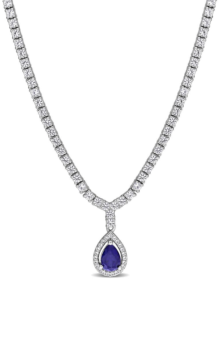 Pear Cut Lab Created Blue Sapphire Pendant Necklace, Main, color, BLUE