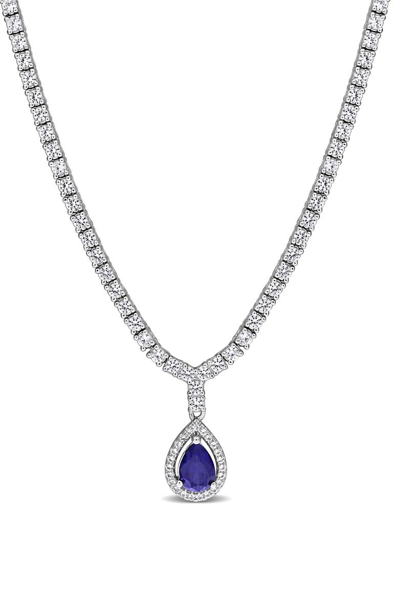 DELMAR Pear Cut Lab Created Blue Sapphire Pendant Necklace, Main, color, Blue