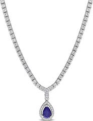 DELMAR Pear Cut Lab Created Blue Sapphire Pendant Necklace