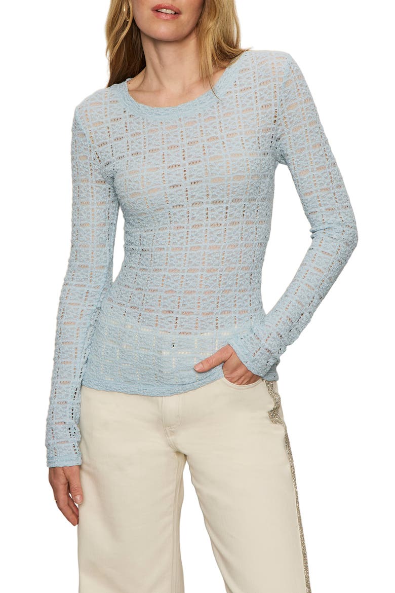 Perfect Long Sleeve Puckered Lace T-Shirt, Main, color, AQUAMARINE BLUE