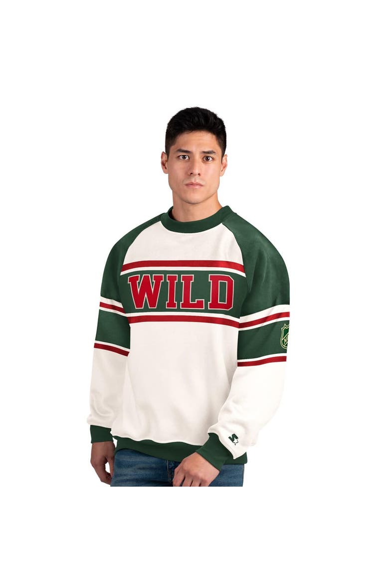Men's Starter  White Minnesota Wild Defense Fleece Crewneck Sweatshirt, Main, color, White