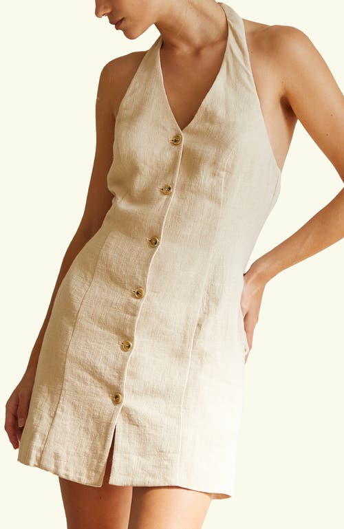 Crescent Halter Linen Blend Mini Dress In Neutral