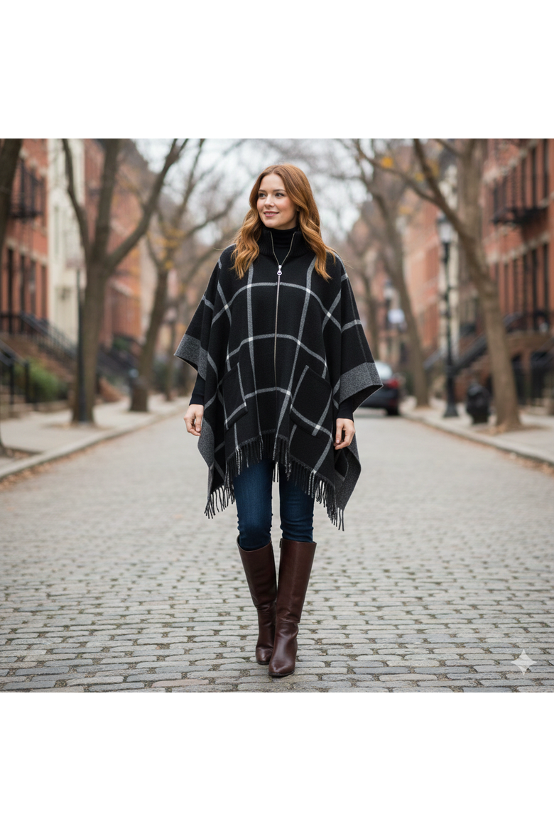 Women's Plaid Ruana, Alternate, color, Black