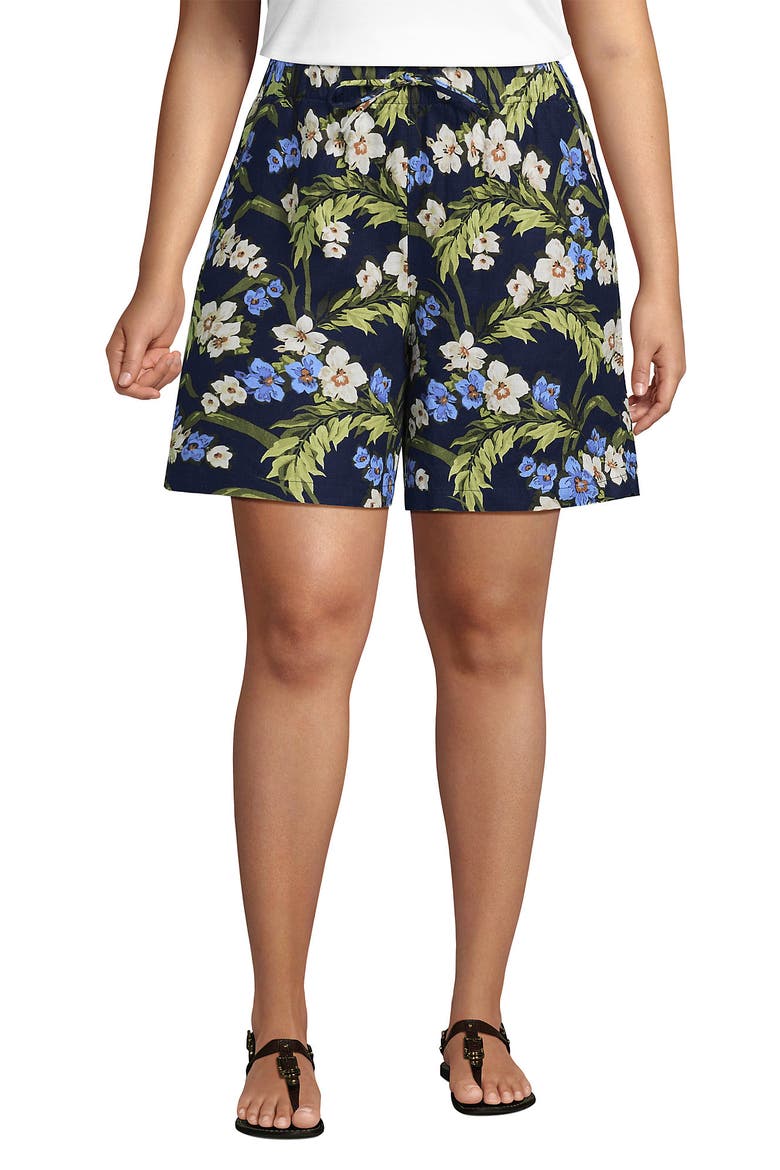 Linen High Rise Pull On 7" Shorts, Main, color, Deep Sea/Blue Floral Tropic