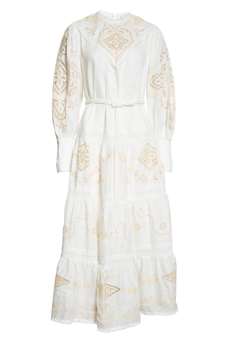 Cecilia Embroidered Tiered Linen Dress, Alternate, color, IVORY