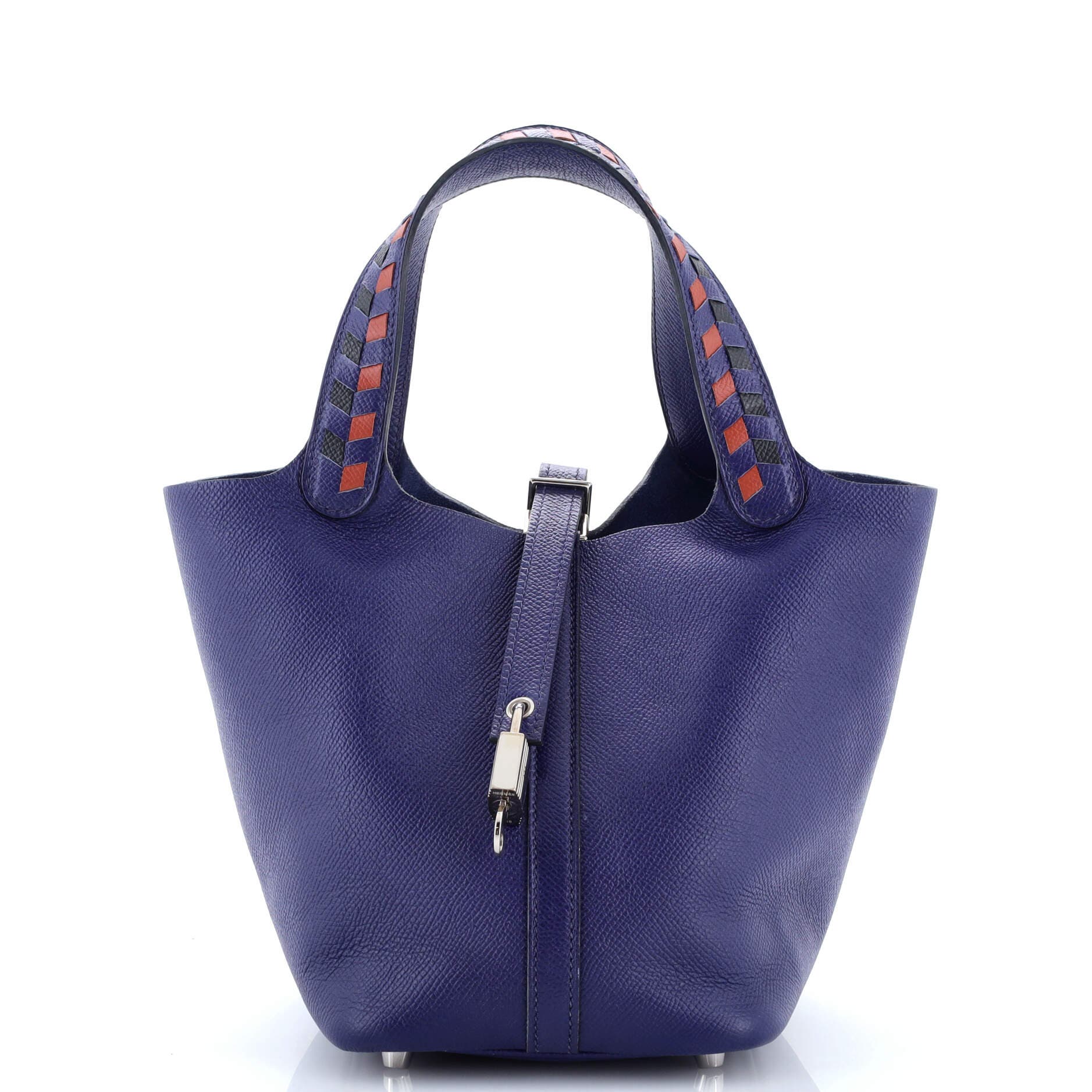 Pre-Owned Hermes Picotin Lock Bag Tressage Epsom PM, Main, color, Bleu Encre/Noir/Brique